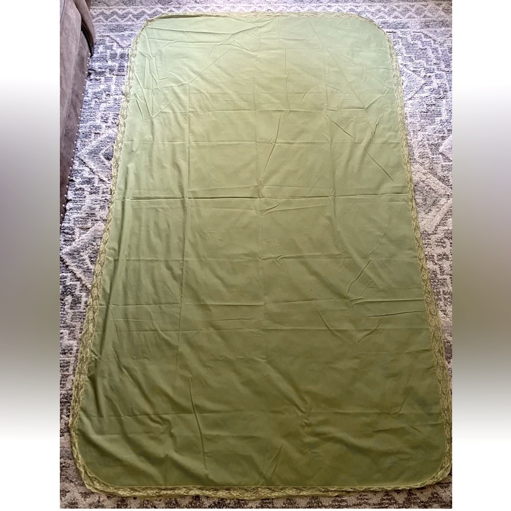 VTG MCM 1960s? Olive Green 8’x5’/96”x60” Ivory Lace Trim Rectangle Table Cloth